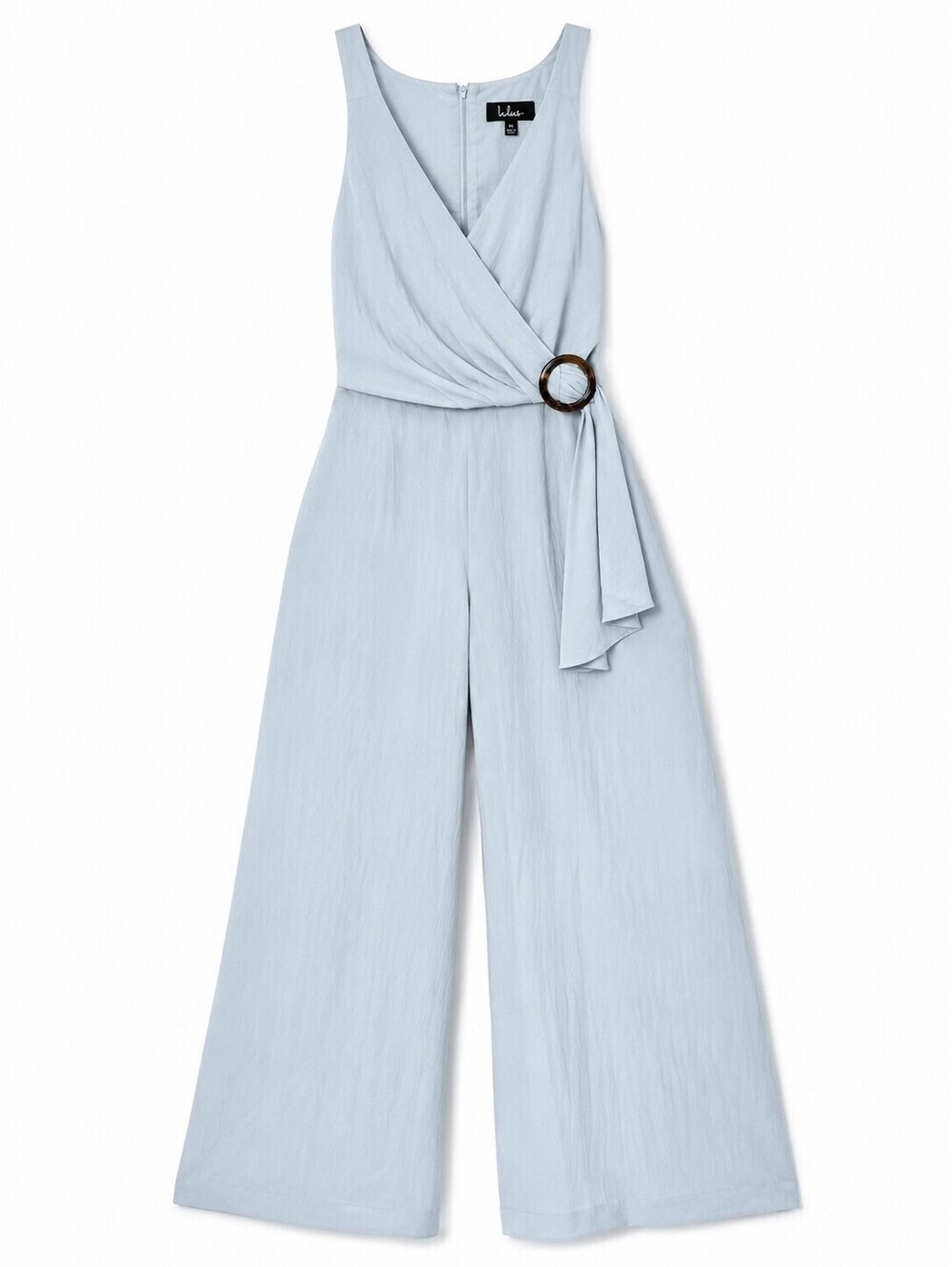 Lulus Light Blue Wide Leg Jumpsuit Womens Medium Sleeveless Wrap Belted Ring